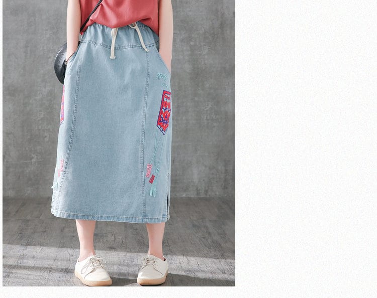 cambioprcaribe Skirts Embroidered Vintage Denim Skirt