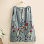 Floral Embroidered Denim Midi Skirt