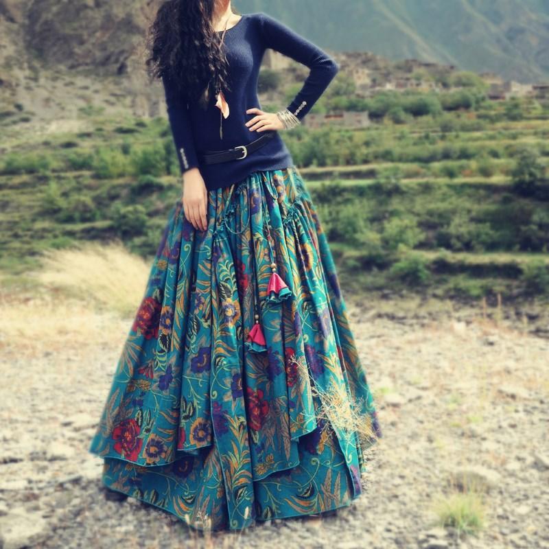 Floral Print Bohemian Pleated Maxi Skirt