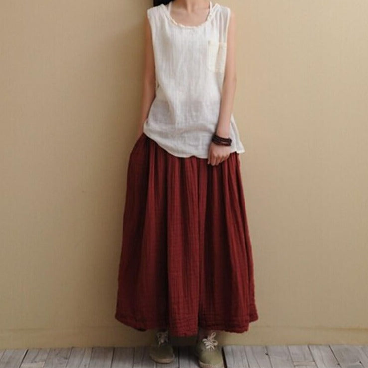 cambioprcaribe Skirts jujube red / S Vintage Cotton Linen Pleated Skirt