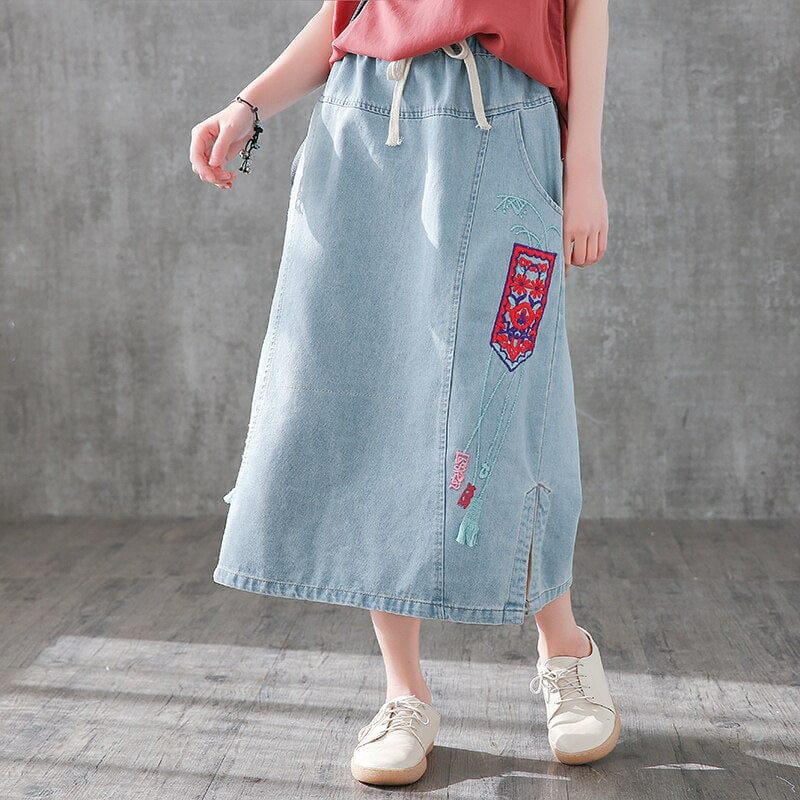 cambioprcaribe Skirts Light Blue / One Size Embroidered Vintage Denim Skirt