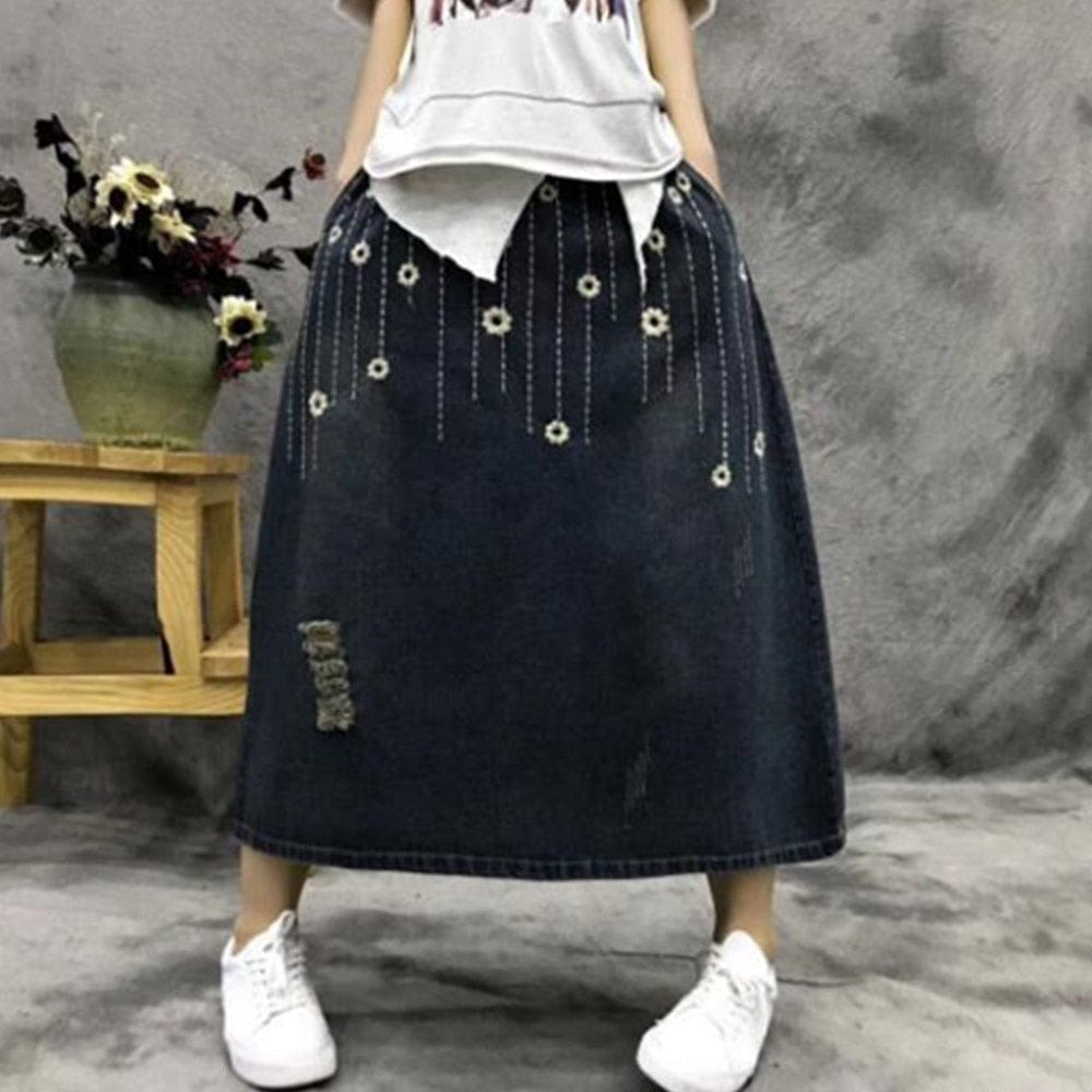Floral Embroidered Distressed Denim Skirt