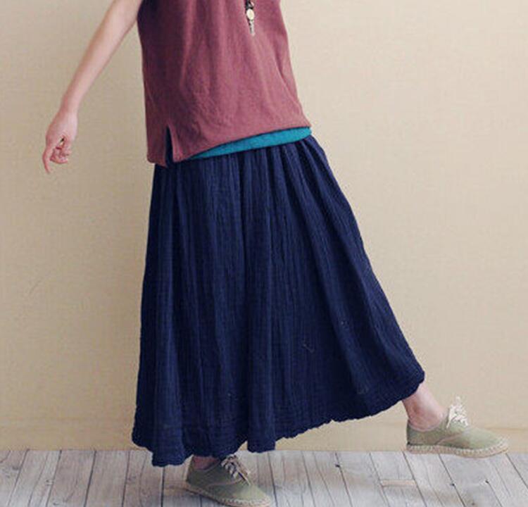 cambioprcaribe Skirts navy blue / S Vintage Cotton Linen Pleated Skirt