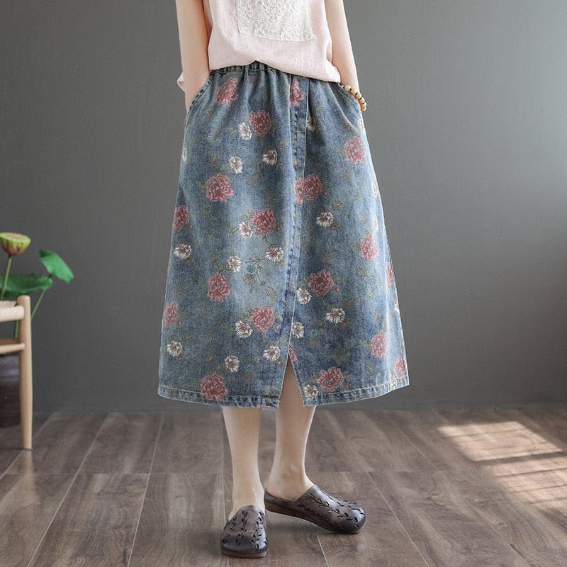 cambioprcaribe Skirts Pink Flowers / XL Floral Printed Denim Skirt
