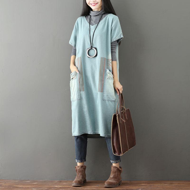 cambioprcaribe Sweater Dresses One Size / Light Blue Color Block Denim T-shirt Dress