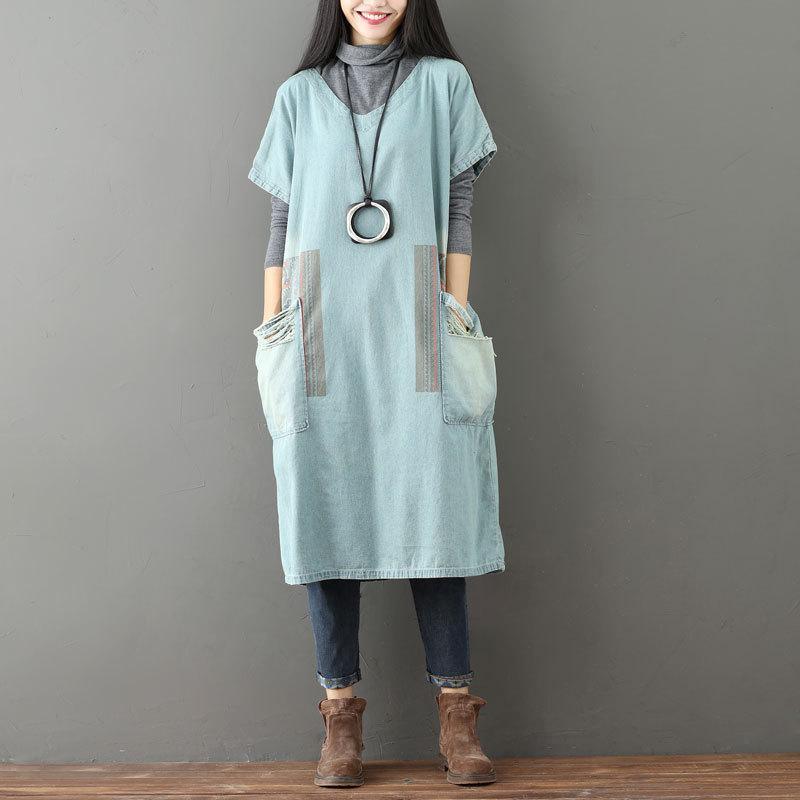 cambioprcaribe Sweater Dresses One Size / Light Blue Color Block Denim T-shirt Dress