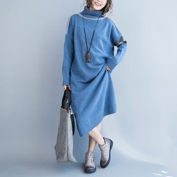 cambioprcaribe Sweater Dresses Oversized Blue Turtleneck Sweater Dress