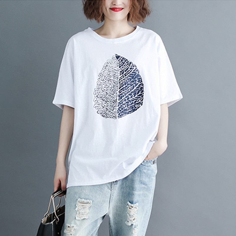 cambioprcaribe white / L Leaf printed Oversized Cotton T-Shirt