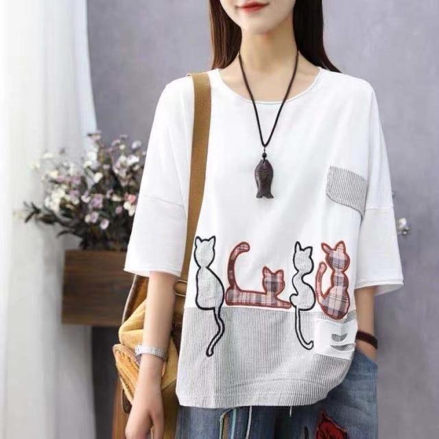 cambioprcaribe White / One Size / China Cartoon Cat Loose Casual T-Shirts