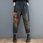 cambioprcaribe Women's Jeans Dark Blue / XXL Cartoon Embroidered Patchwork Vintage Jeans