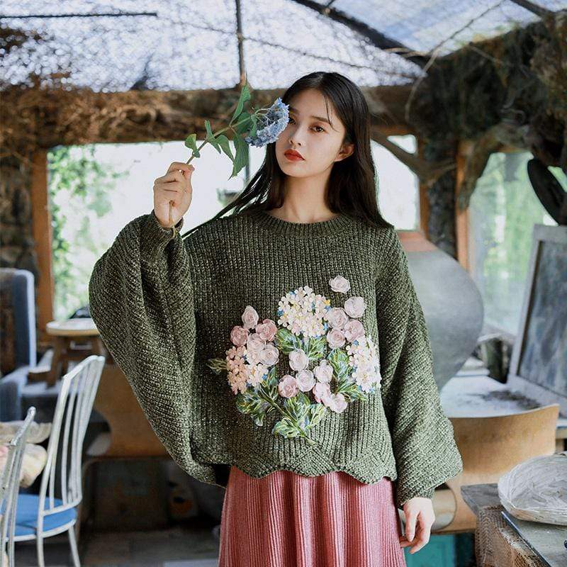 Floral Embroidered Oversized Batwing Sleeve Sweater