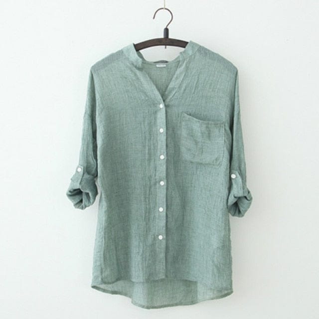 cambioprcaribe XXL / Green Vintage Button Up Cotton Linen Blouse
