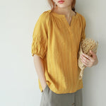 Cotton and Linen V Neck T-Shirt Blouse