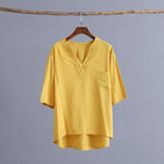 cambioprcaribe Yellow / One Size Petite Cotton Linen T-Shirt With Pockets  | Zen