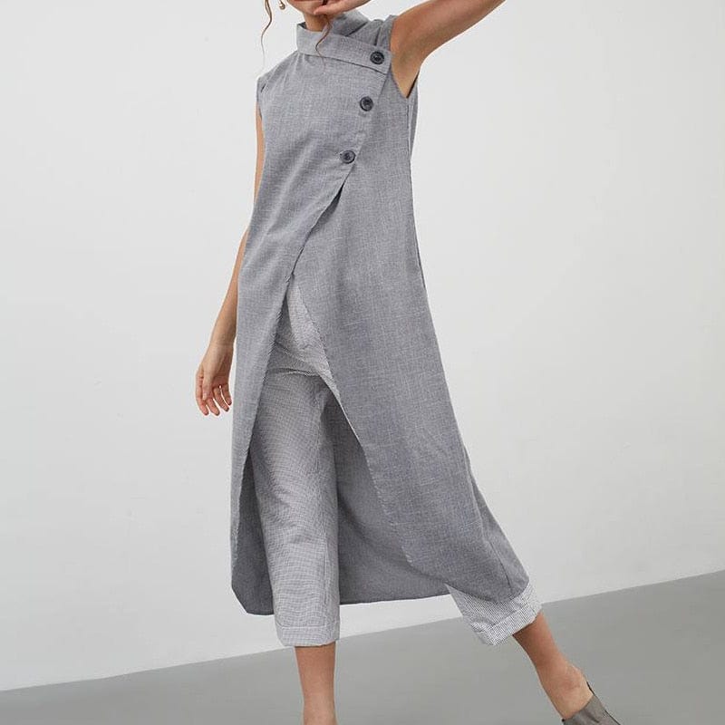 Asymmetrical Sleeveless Button Down Tunic