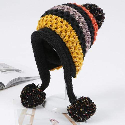 cambioprcaribe Beanie Hats Black Pompom Colorful Beanie Hat