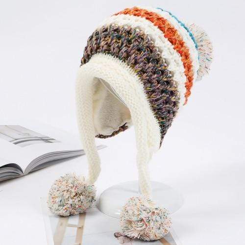 cambioprcaribe Beanie Hats Ivory Pompom Colorful Beanie Hat