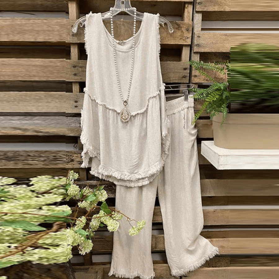 cambioprcaribe Beige / XL Clara Cotton Linen Tank Top + Matching Pants