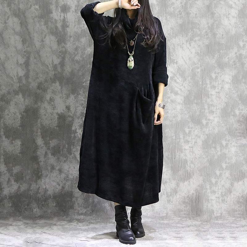 cambioprcaribe Black / M Corduroy Oversized Turtleneck Sweater Dress