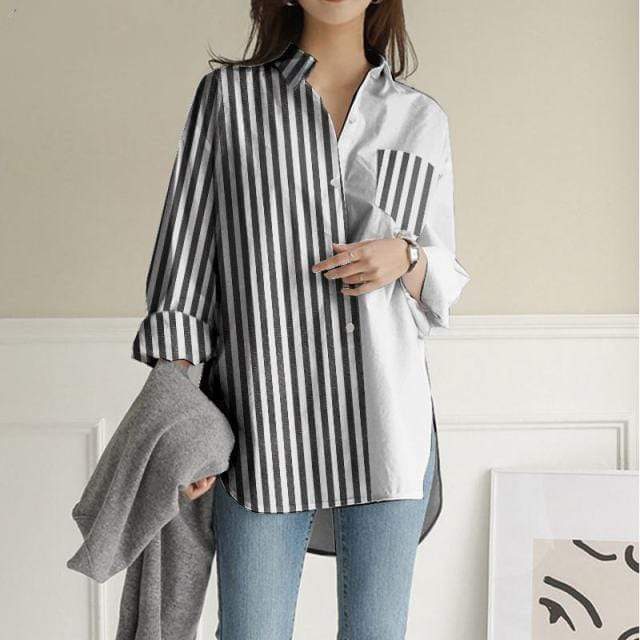 cambioprcaribe Black on White / 5XL Striped Korean Patchwork Shirt