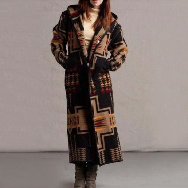 cambioprcaribe Black / S Boho Printed Hooded Long Coat