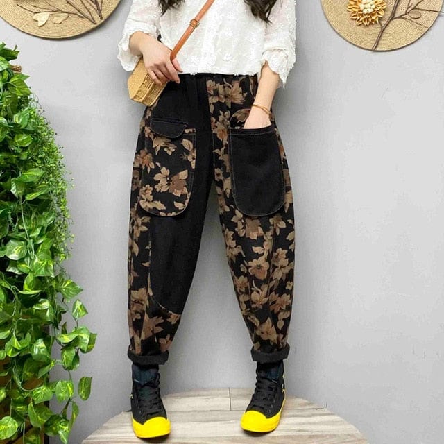 cambioprcaribe Black / XL Retro Floral Print Harem Pants