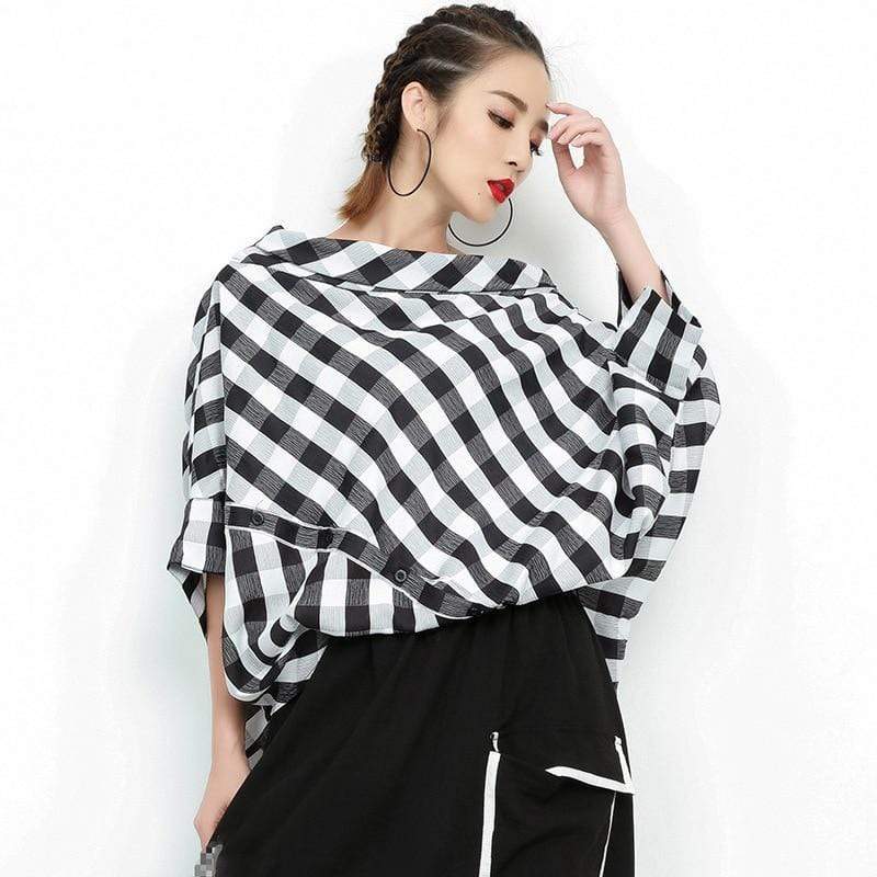 cambioprcaribe Blouse Black & White Plaid Slash Neck Top | Millennials