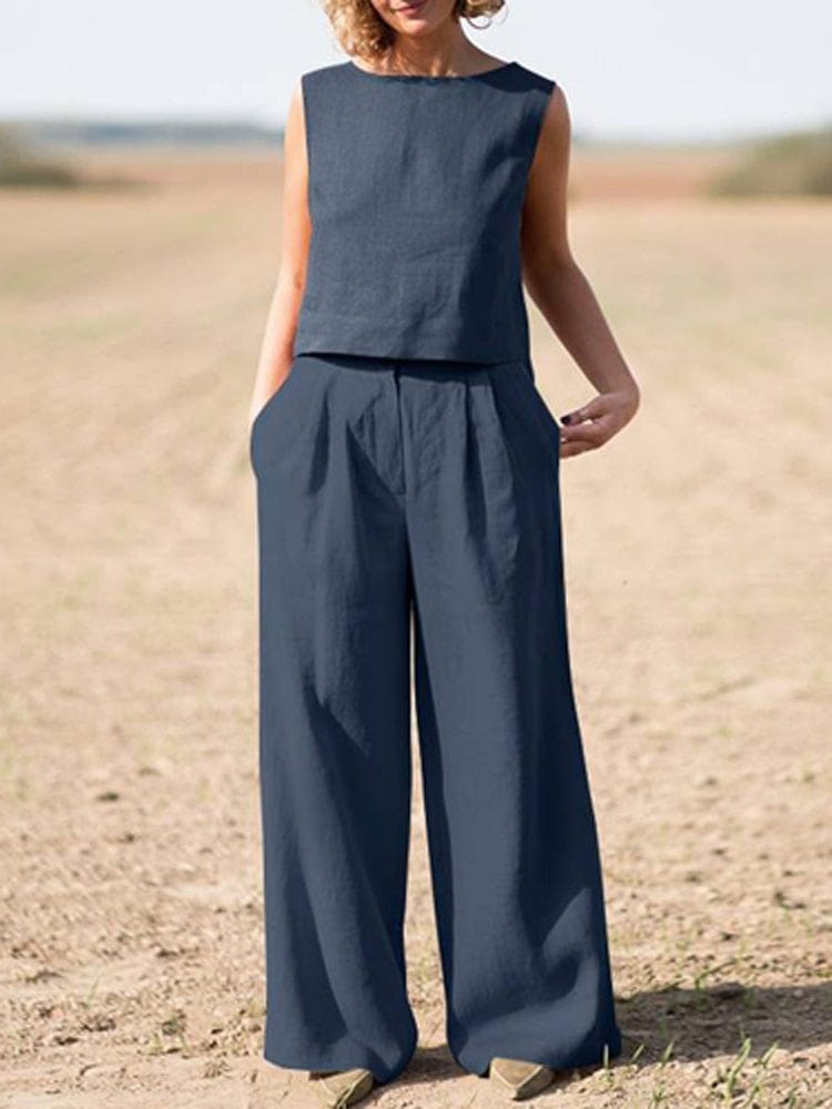 cambioprcaribe Blue / 3XL Genna Cotton Linen Two Piece Suit | OOTD