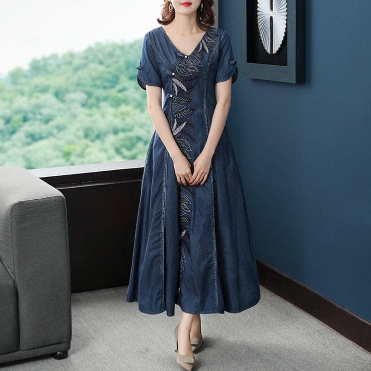 Nature Embroidered Short Sleeve Denim Dress