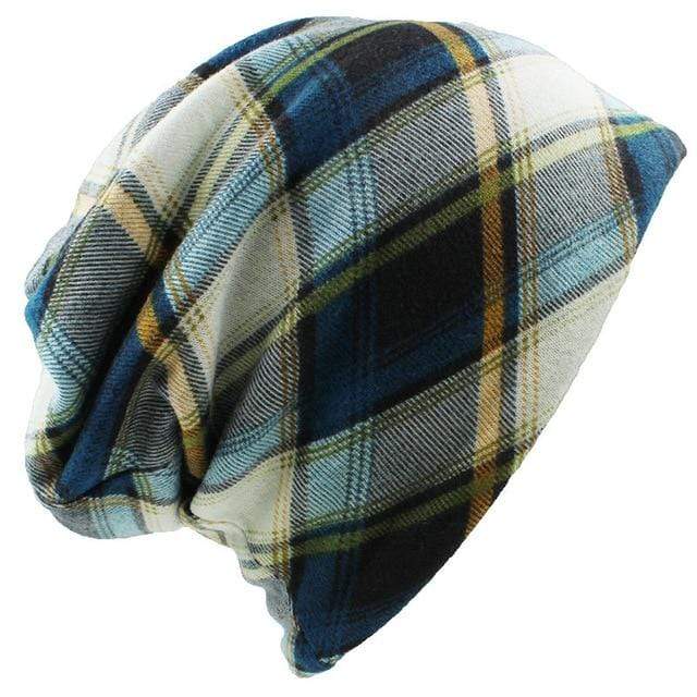 Blue Plaid Beanie Hat