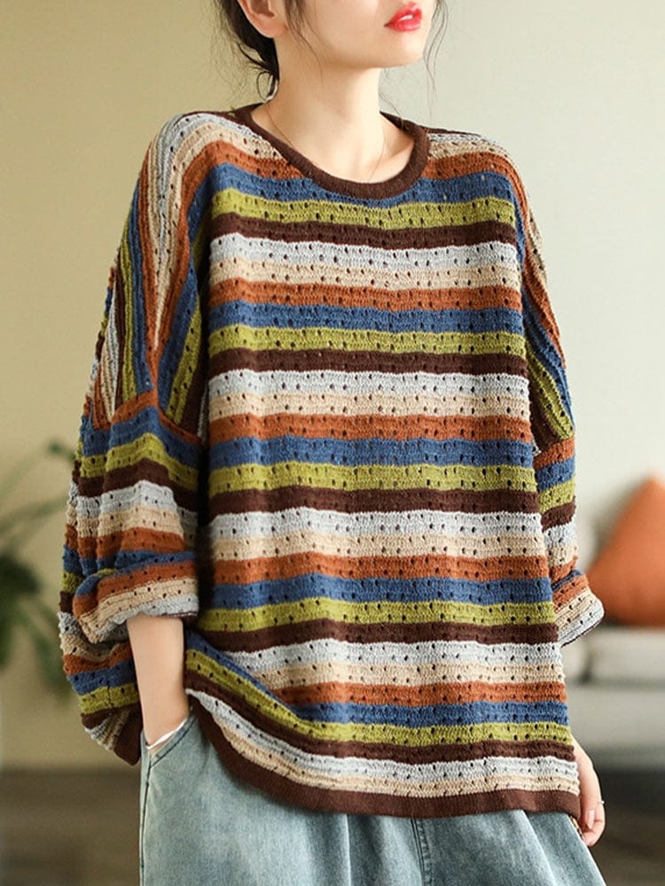 cambioprcaribe Brown / One Size O-Neck Vintage Striped Sweater