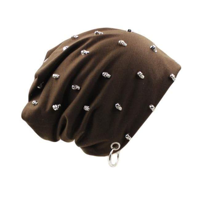cambioprcaribe Brown Skulls and Bones Studded Beanie Hat
