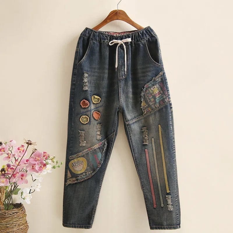 cambioprcaribe Cartoon Embroidery Retro Denim Jeans