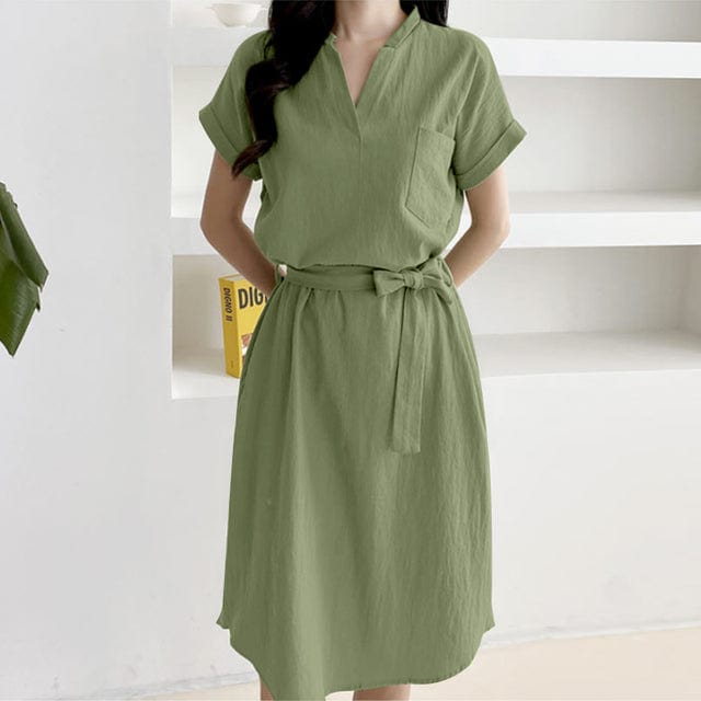 Elena Knee-length Belted Short Sleeve Dress
