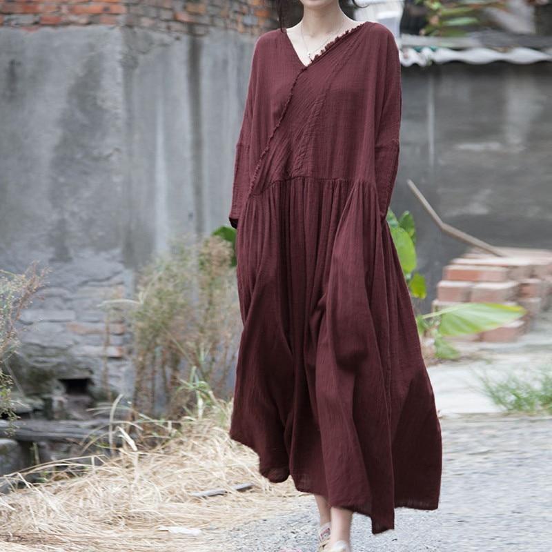 V Neck Long Sleeve Linen Dress | Lotus