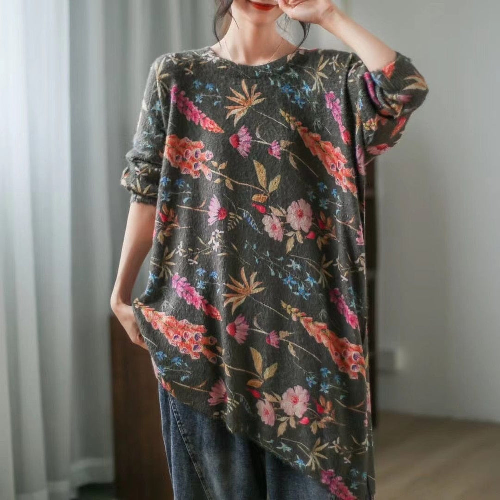 Irregular O-Neck Floral  Sweater