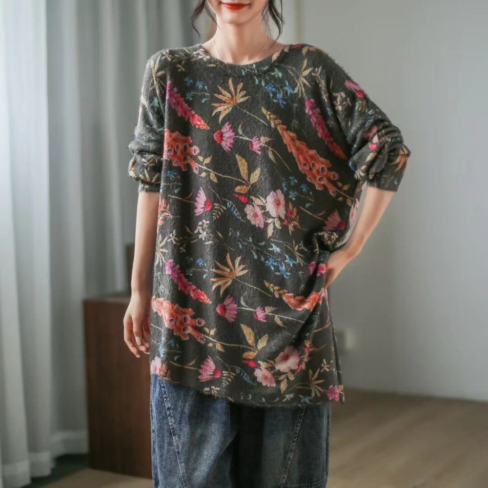 cambioprcaribe Floral Irregular O-Neck Sweater