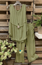cambioprcaribe Green / 3XL Cotton Linen Vest And  Wide Leg Pants Set