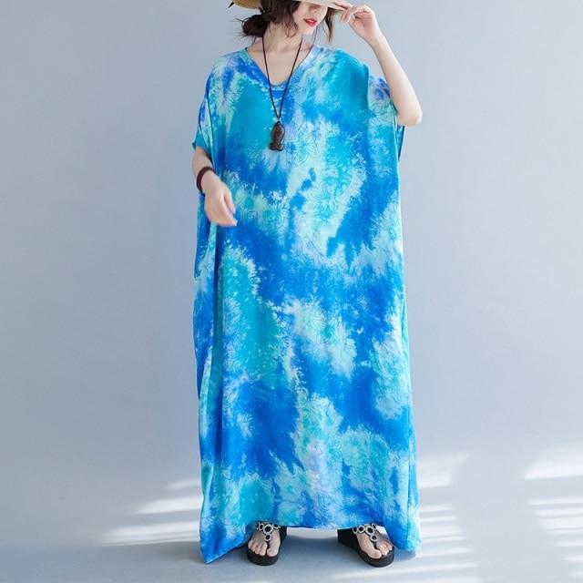 Blue Tie-Dye Floral Kaftan Dress