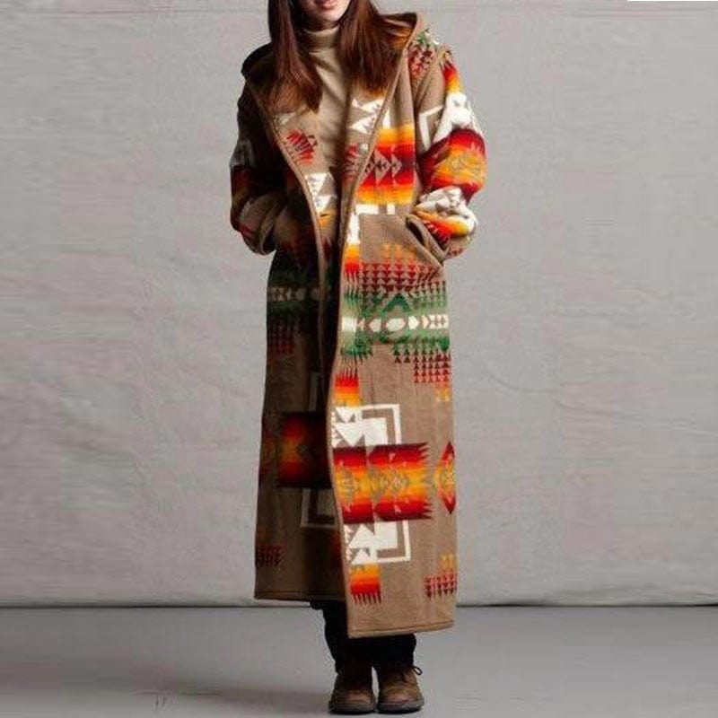 cambioprcaribe Khaki / S Boho Printed Hooded Long Coat