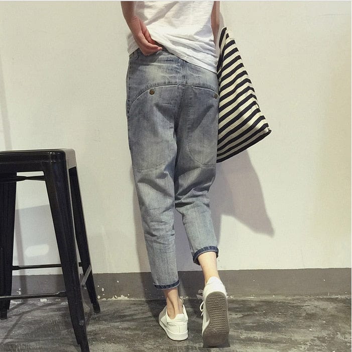 cambioprcaribe Loose Elastic Bleach Scratch Denim Pants