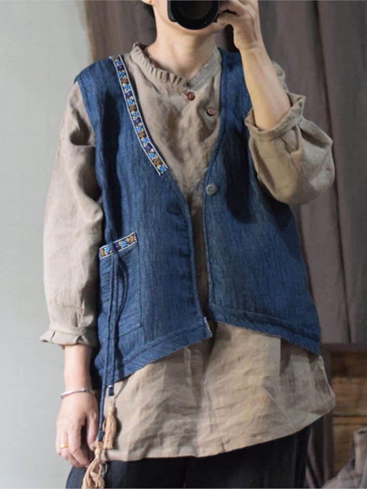 cambioprcaribe Loose Linen Retro Patchwork Vest