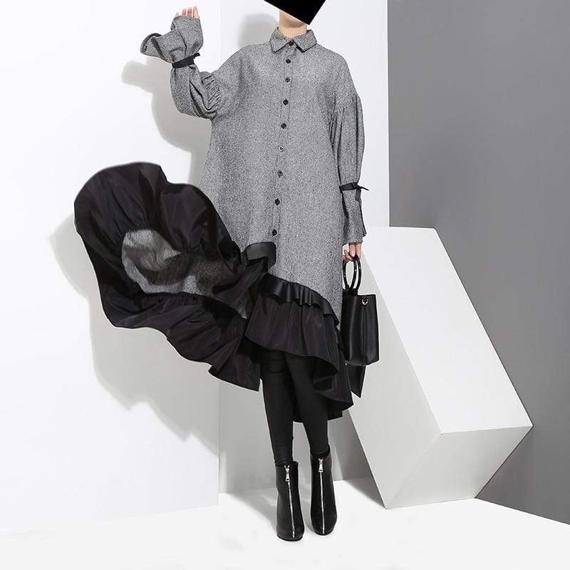 cambioprcaribe Midi Dress Black and Grey Ruffled Shirt Dress | Millennials