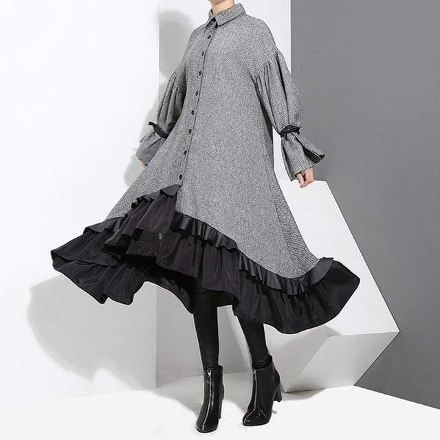 cambioprcaribe Midi Dress Black and Grey Ruffled Shirt Dress | Millennials