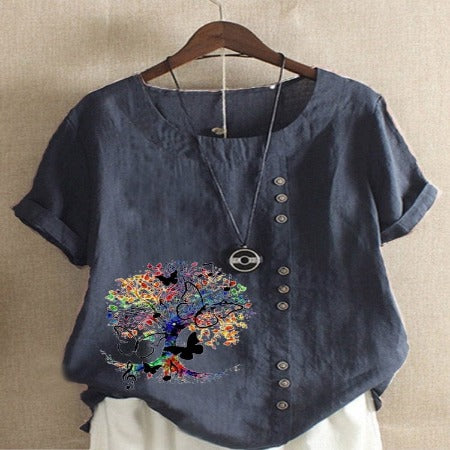 cambioprcaribe Navy Blue / S Jania Tree Printed O-Neck Blouse