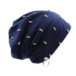 cambioprcaribe Navy Blue Skulls and Bones Studded Beanie Hat