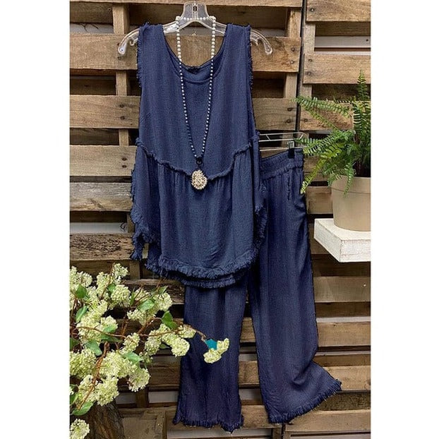 cambioprcaribe Navy / XL Cotton Linen Vest And  Wide Leg Pants Set