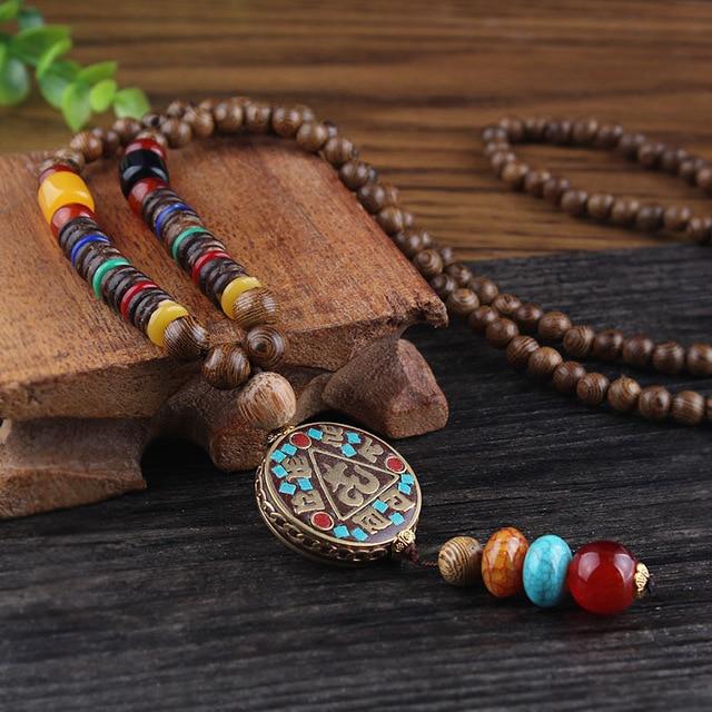 Nepalese Mantra Wooden Mala Bead Necklace