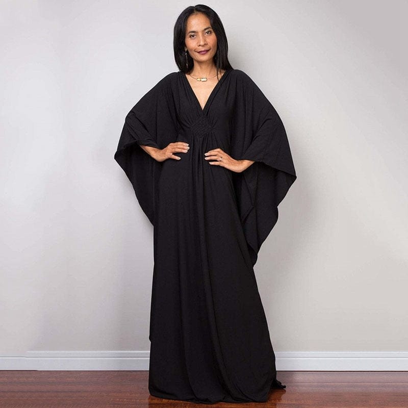 Onyx Black V-Neck Kaftan Dress