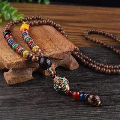 Prayer Wheel Wooden Mala Beads Necklace